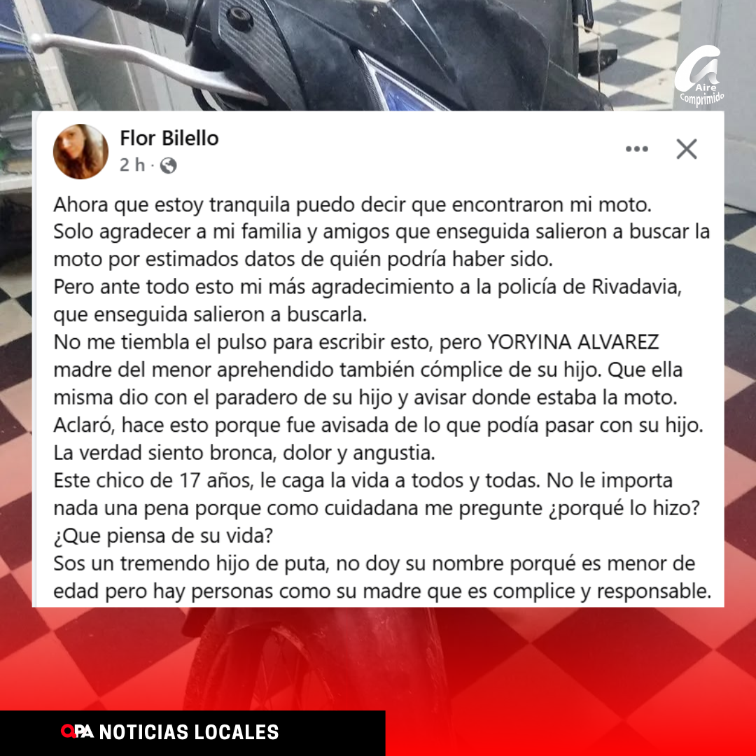 Tras recuperar su moto robada, una vecina publicó un duro descargo en redes sociales